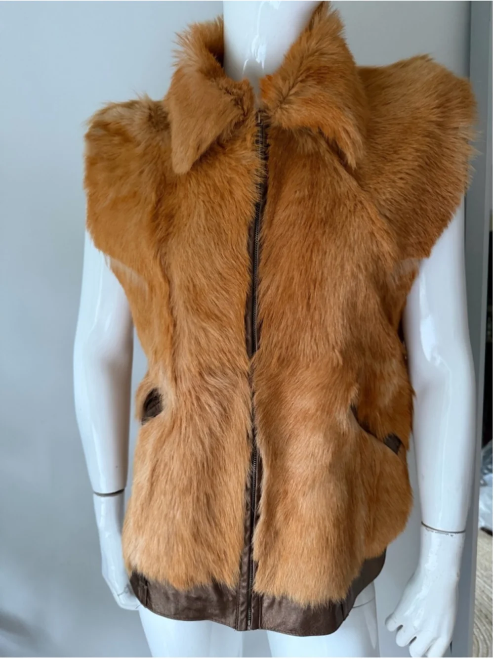 Vintage Genuine Fur Leather Trim Vest Brown Caramel Statement Gilet